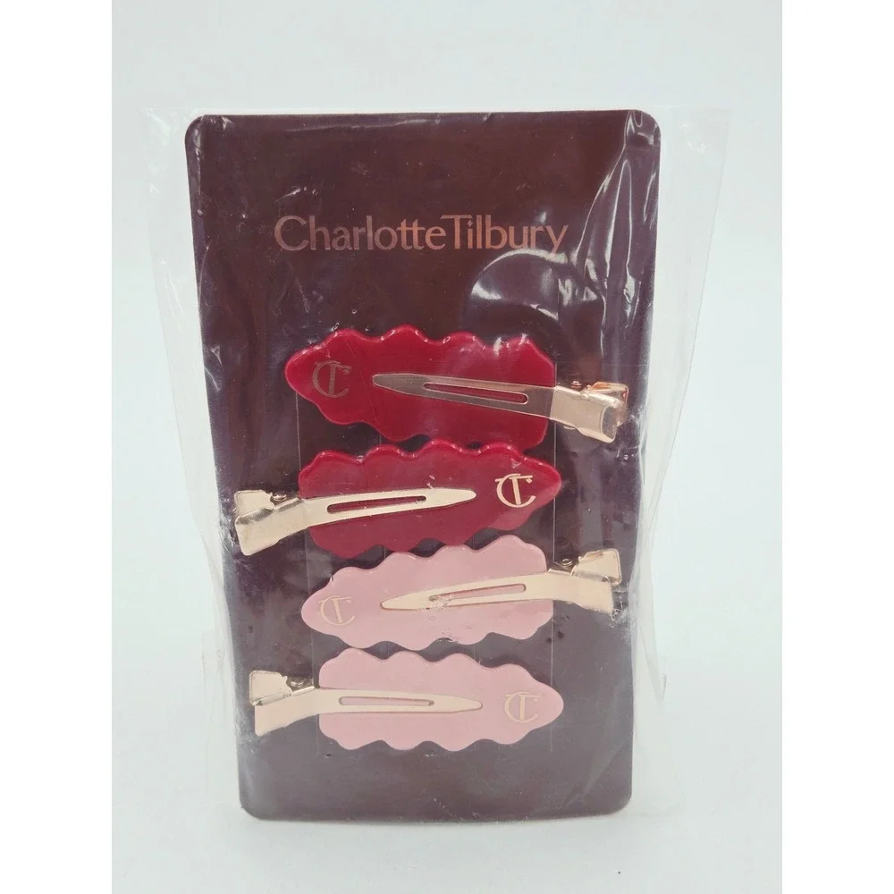 Charlotte Tilbury Crease Free Hair Clips 4 Pack Red Pink Rose Gold Logo Styling